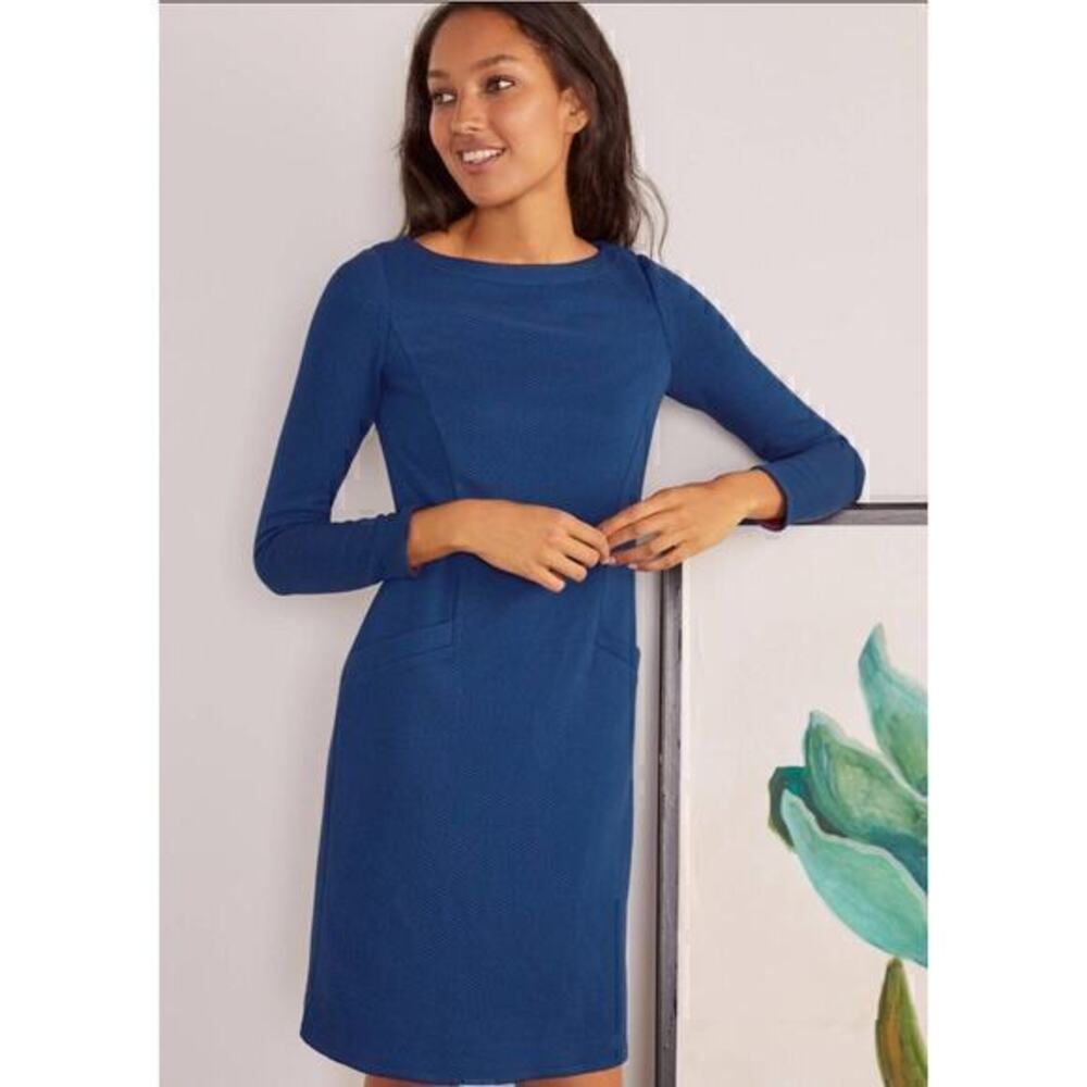 Boden Ingrid Jacquard Long Sleeve Shift Dress Blue Pockets Size 14